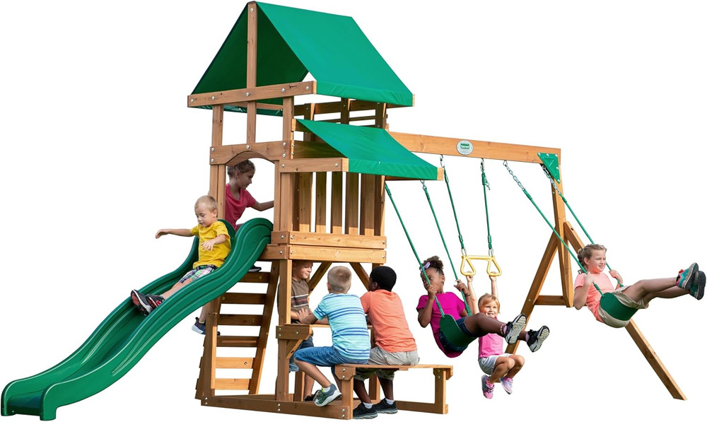 Belmont Cedar Wood Swing Set with Wave Slide, Play Deck, Rock Wall Ladder, Snack