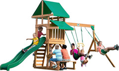 Belmont Cedar Wood Swing Set with Wave Slide, Play Deck, Rock Wall Ladder, Snack
