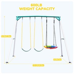 700lbs 9.5 Ft Metal Swing Set w/3 Swings Kids Adult Backyard Heavy Duty Playset