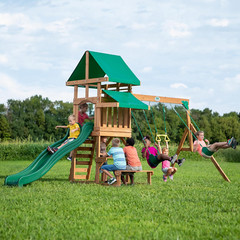 Belmont Cedar Wood Swing Set with Wave Slide, Play Deck, Rock Wall Ladder, Snack