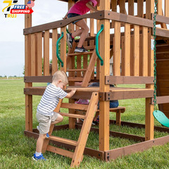 Highlander Cedar Wood Swing Set with Wave Slide Three Story Clubhouse Rock Wall