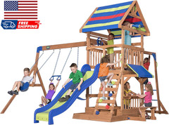 Backyard Discovery Beach Front Cedar Wood Swing Set with Wave Slide Play Deck
