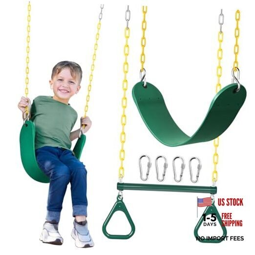 16″ Trapeze Swing Bar with Gym Ring & Toddler Swing, Swing Set 2 Green1