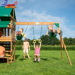 Belmont Cedar Wood Swing Set with Wave Slide Rock Wall Ladder Outdoor Playset