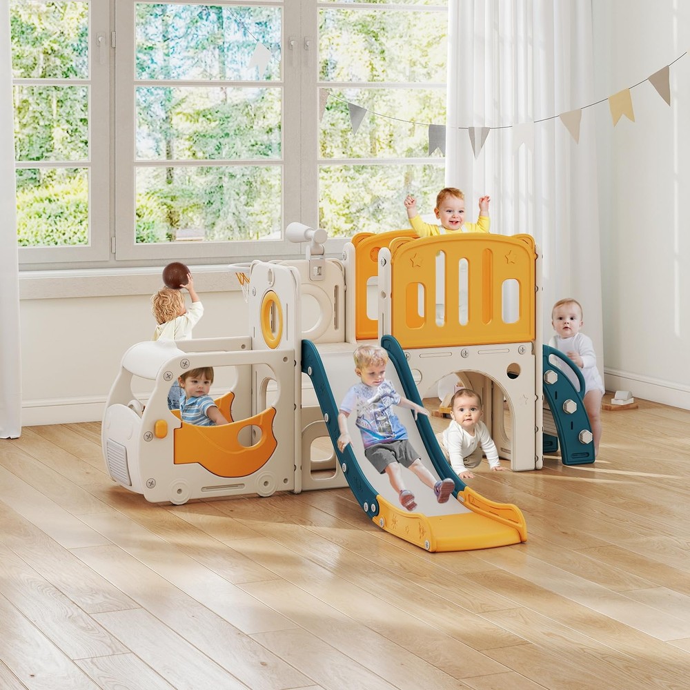 9 in 1 Indoor Slide for Toddler – Freestanding Baby Slide, Playground Slide, Bus
