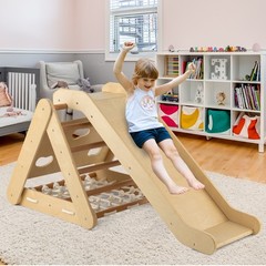 4 in 1 Wooden Climbing Set w/ 3-Side Triangle Climber & Sliding Board Natural