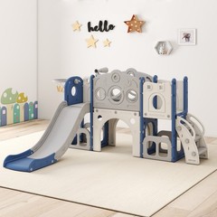 8 in 1 Toddler Slide Set Kids Slide with Basketball Hoop, Playset for Kids Blue