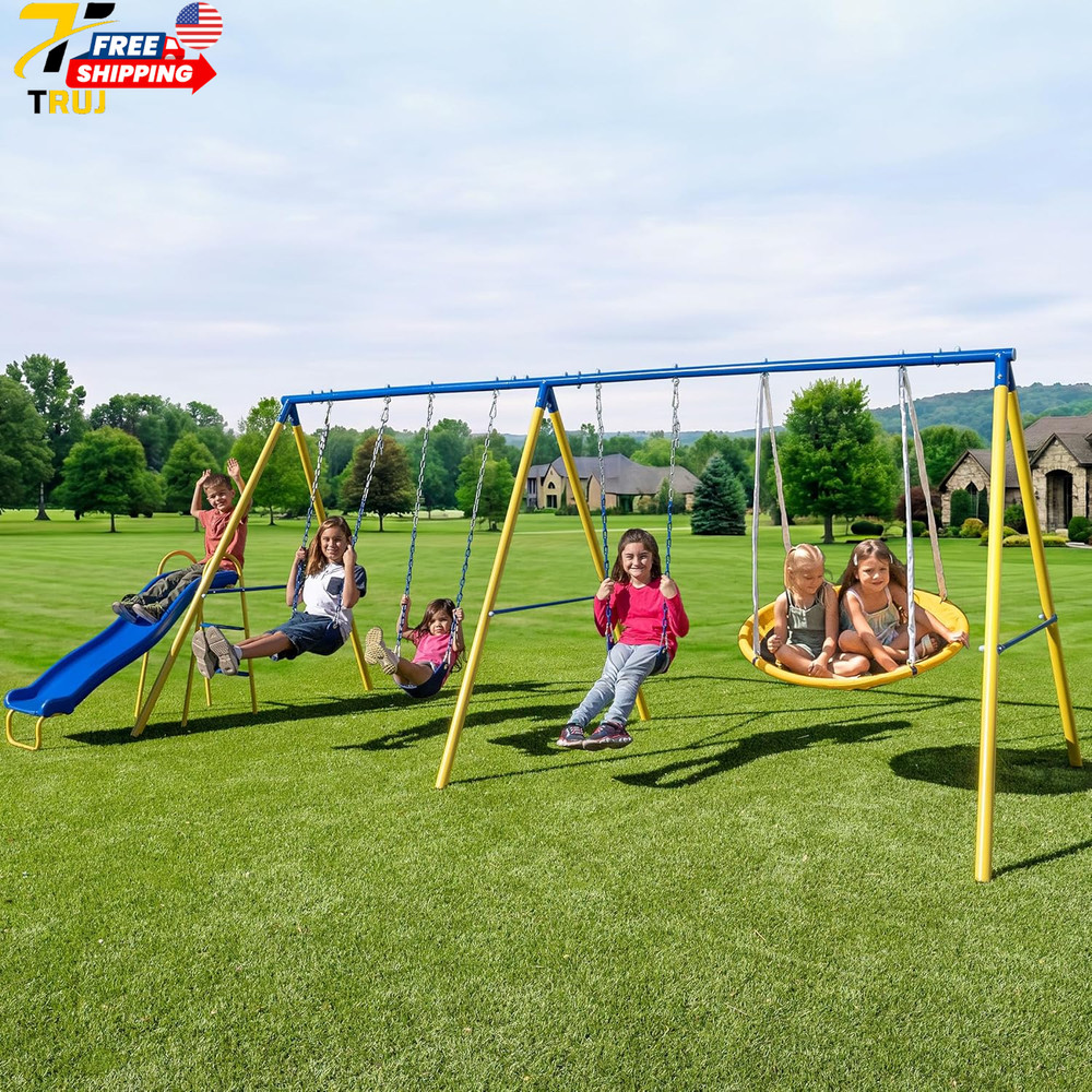 Triple Swing & Saucer Backyard Swing Set for Kids 600LBS 3 Sling Swings Saucer S