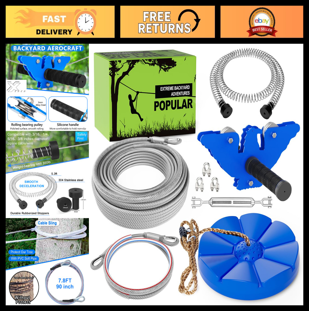 Backyard Zip Line Kit for Kids & Adults – 75FT with Swing Seat, Brake & Trolley
