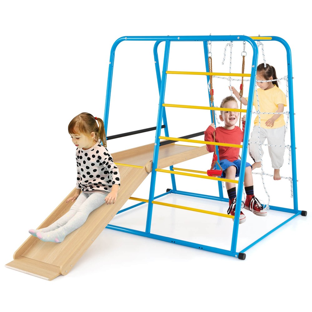 6-in-1 Indoor Jungle Gym with Slide Swing Monkey Bars Climbing Ladder Rope Wall