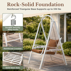 Heavy-Duty Porch Swing with Stand, Adjustable Chains, Removable Cushion, White
