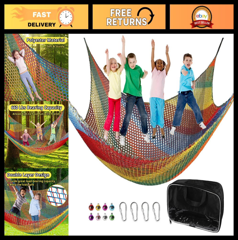 Multicolored Climbing Cargo Net 14.7′ x 9.8′ – Double Layer Playground Safety Ne