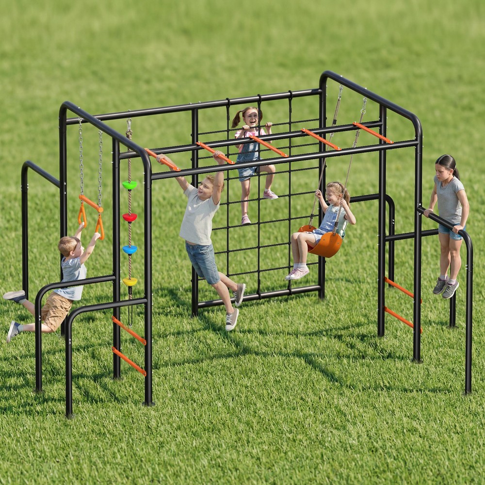 Metal Swing Sets with Climbing Net & Rope Trapeze Swing Bar Heavy Duty Backyard