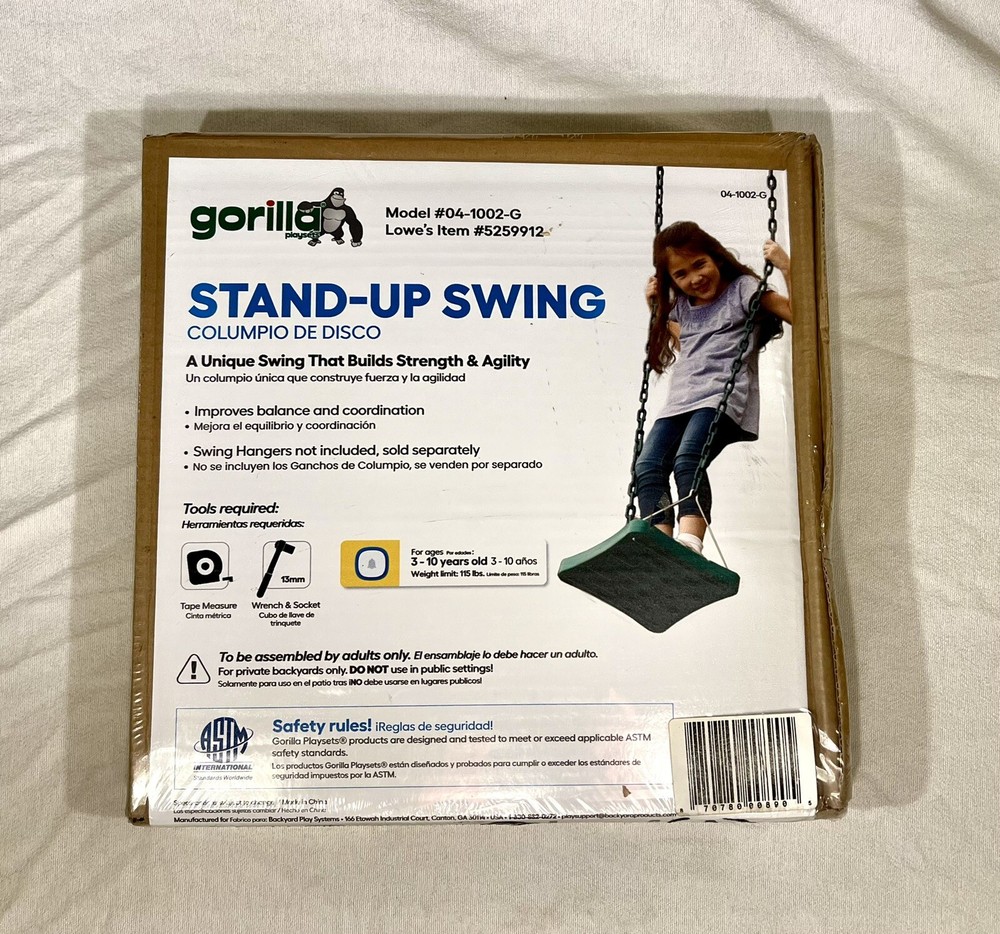 NEW Gorilla Stand-Up Swing Plastic w/ Rubber-Coated Chains for Outdoor Playsets