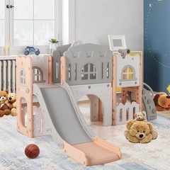 All in 1 Toddle Slide Playset Freestanding Kids Slide w/ Tunnel, Basketball Hoop