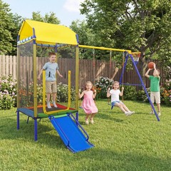 5-in-1 Kids Swing Set w/Trampoline Roof 2 Belt Swings Slide Ladder for Children