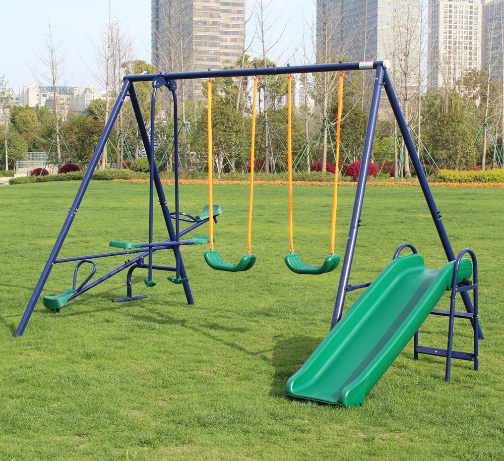 4-in-1 Swing Set with Seesaw, Belt Swing, Slide & Glider