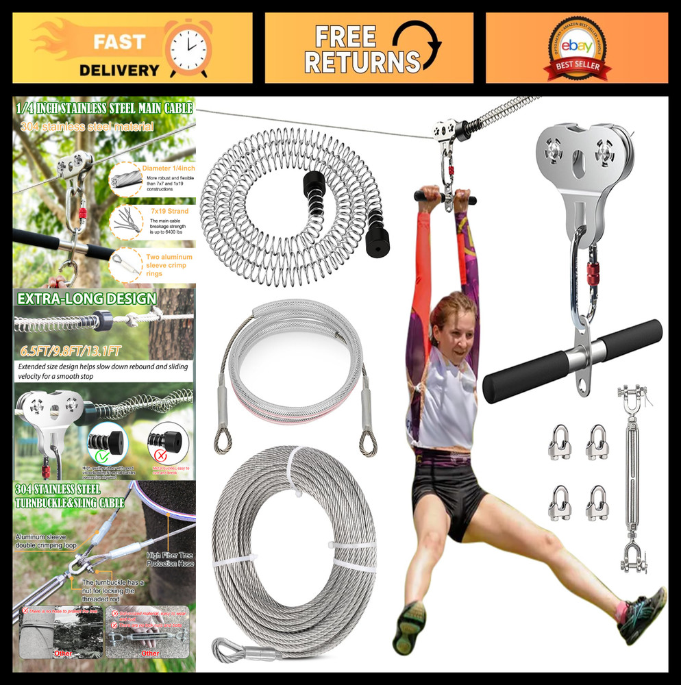 80FT Zip Line Kit for Adults – 500 Lbs Capacity, Stainless Steel, Backyard Fun