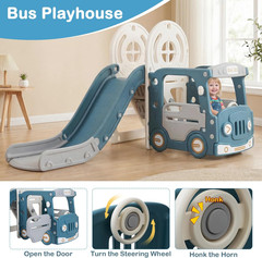 Toddler Slide and Swing Set, 5 in 1 Bus Themed Baby Slide with Climber Basketbal