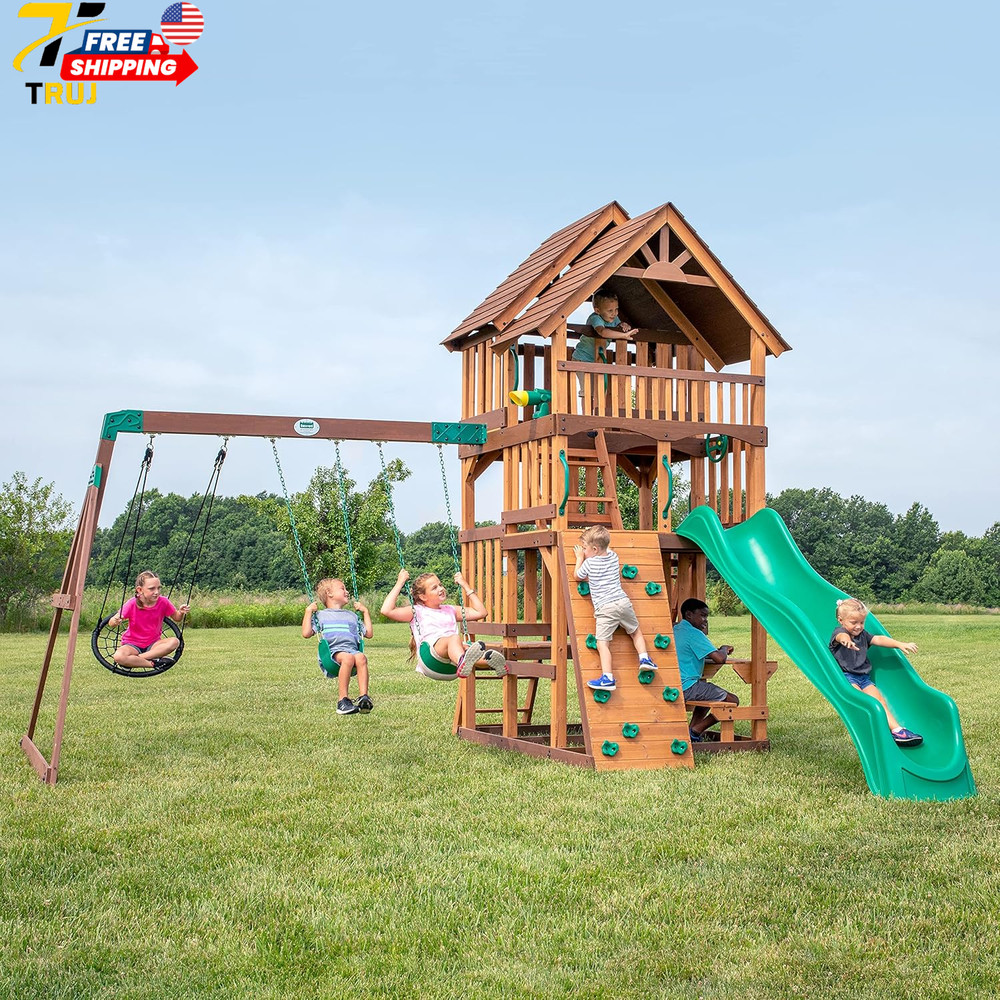 Highlander Cedar Wood Swing Set with Wave Slide Three Story Clubhouse Rock Wall