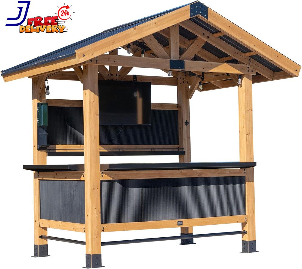Palisade 9′ X 6′ Cedar Wood Outdoor Bar Set with Galvanized Steel Roof Bar Top