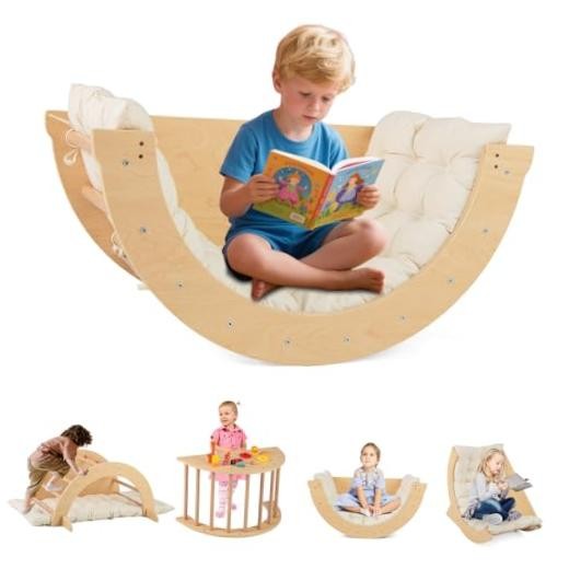 Wooden Arch Climber Rocker with Soft Cushion, 6 in 6 in 1 with Desktop Natural