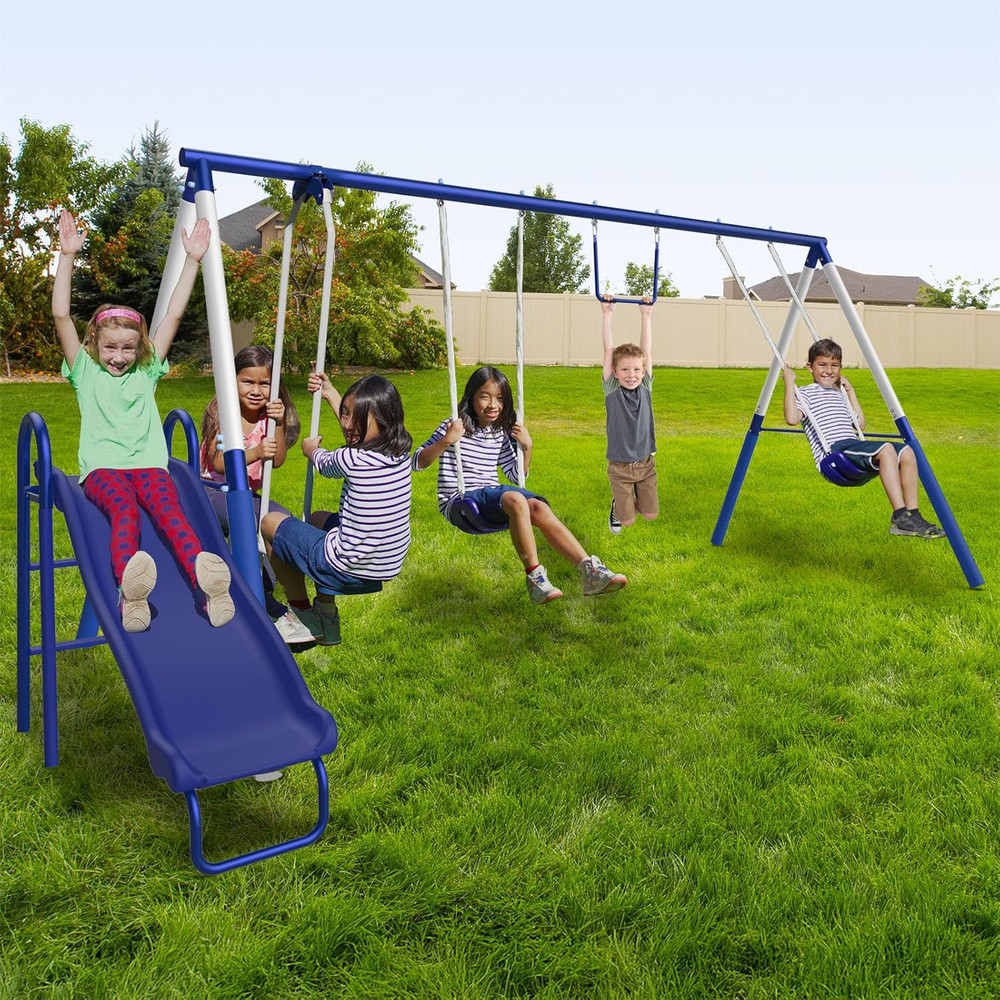Arcadia Metal Swing Set for Kids – Trapeze, 2-Person Glider, 5Ft Slide, Anchor K