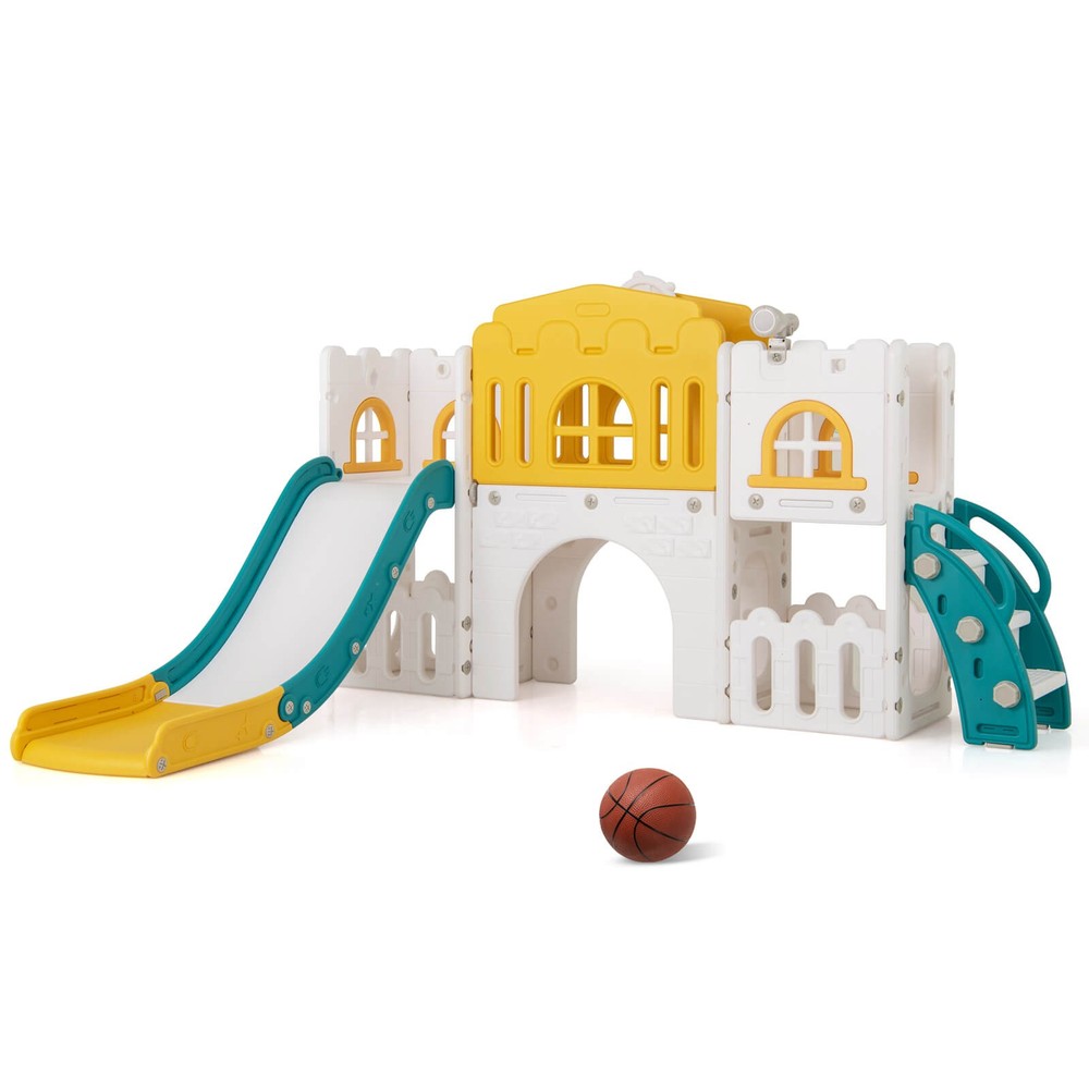 All in 1 Toddle Slide Playset Freestanding Kids Slide w/ Tunnel, Basketball Hoop