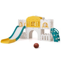 All in 1 Toddle Slide Playset Freestanding Kids Slide w/ Tunnel, Basketball Hoop