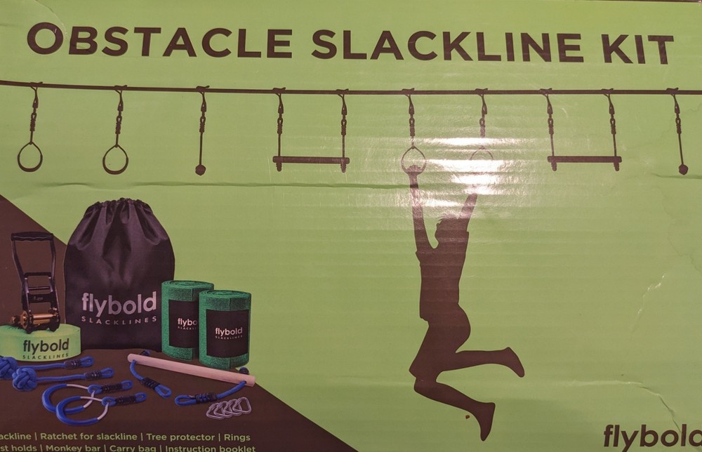 Flybold Obstacle Slackline Kit (40 ft) Ninja Warrior kit w Adjustable Obstacles