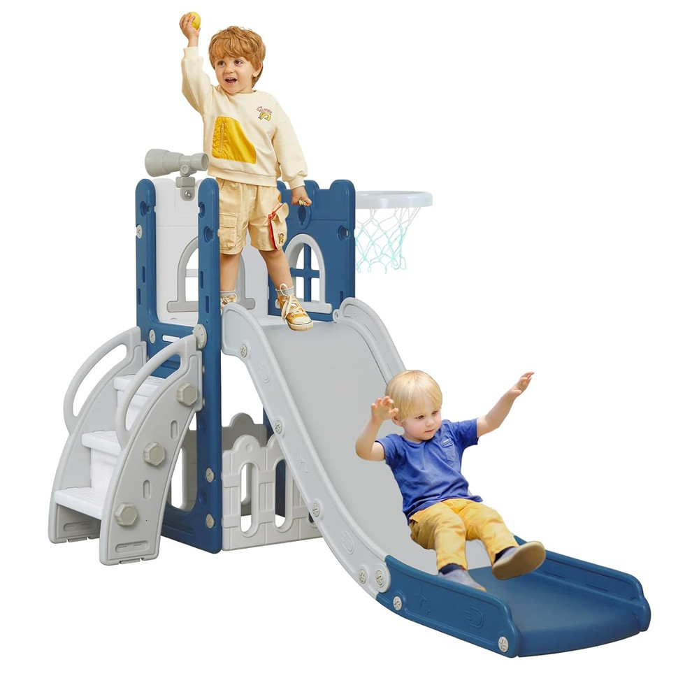 6-in-1 Toddler Slide & Climber Playset with Basketball Hoop & Telescope