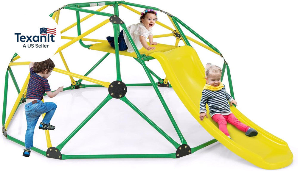 Climbing Dome with Slide, Kids Outdoor Jungle Gym Geometric Dome Climber, Steel