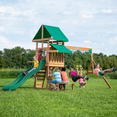Belmont Cedar Wood Swing Set Wave Slide Play Deck Rock Wall Ladder Snack Bar