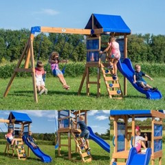 Kids Outdoor Cedar Wood Swing Set Play Set With Clubhouse Slide Rock Wall Ladder