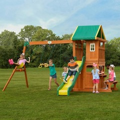 Wooden Swing Set Outdoor Backyard Cedar Fort Clubhouse Slide Trapeze Playground