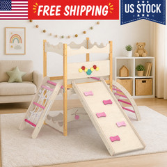 6-in-1 Wooden Indoor Play Gym Climber with Slide, Swing, Rock Wall, Rope Ladder