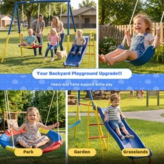 3-in-1 Swing Set with Slide, Heavy Duty Metal Outdoor Playset for Backyard