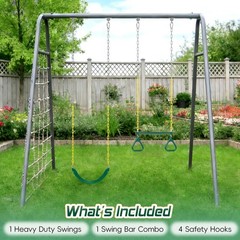 16″ Trapeze Swing Bar with Gym Ring & Toddler Swing, Swing Set Accessories wi…