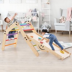 2-Piece Indoor Wooden Montessori Climbing Toys with DIY Climber, Slide & Seesaw