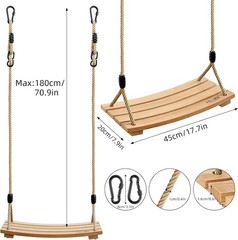 Outdoor Wood Tree Swing Seat Adjustable Rope for Kids Adults Backyard Play