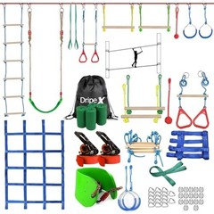 Kids Ninja Warrior Obstacle Course – 65ft Slackline Kit with 10 Accessories, Swi