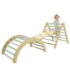 Wooden Climbing Frame Toddlers Baby Climbing Toys Triangle Set with Ramp & Arch