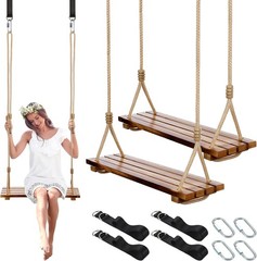 2 Pcs Wood Swing Seat Carbonized Hanging Wood Tree Swing W/ Adjustable Rope