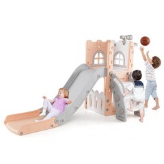 6 in 1 L-shaped Toddle Slide for Toddlers Age 1-3 Baby Slide w/ Basketball Hoop