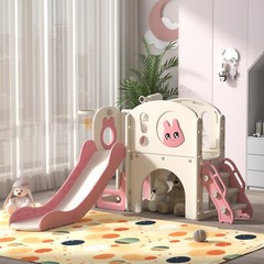 6 in 1 Toddler Slide Playset Climber Playground for Kids w/ Basketball Hoop Pink