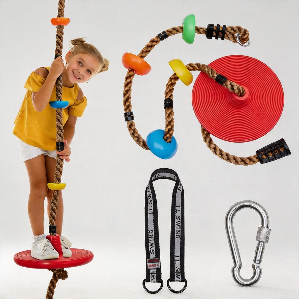 DECORLIFE Tree Swing for Kids Climbing Rope Disc Swing w/ Platforms, Red