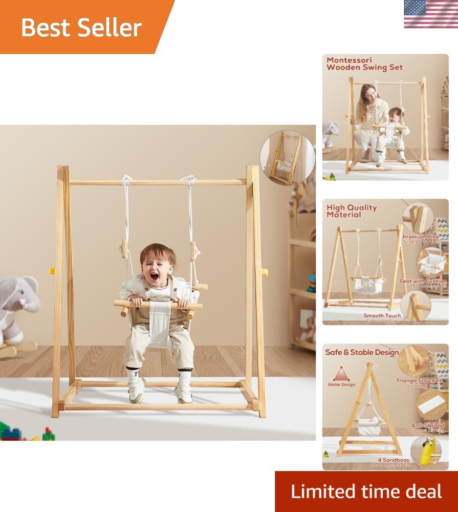 Wooden Swing Set for Toddlers 6-36 Months, Foldable Baby Swing Set with Durab…