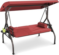 3 Seat Outdoor Porch Swing Chair, Adjustable Canopy Swing Bench, Convertible
