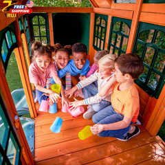 Atlas Point Wooden Outdoor Swing Set/Playset with Kitchen Slides and Glider NEW