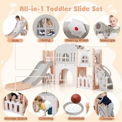 All in 1 Toddle Slide Playset Freestanding Kids Slide w/ Tunnel, Basketball Hoop